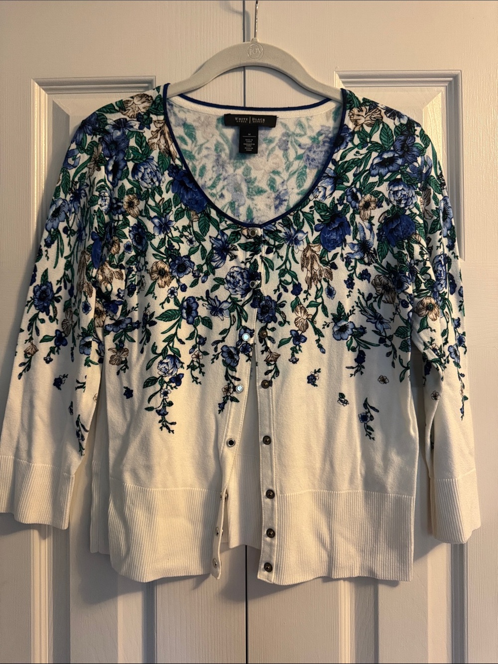 White House Black Market Cream Cardigan with Blue and Green Floral Print